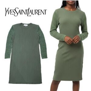 Yves Saint Laurent - Vintage 1990s Olive Green Sweater Sheath Dress Size L, EUC